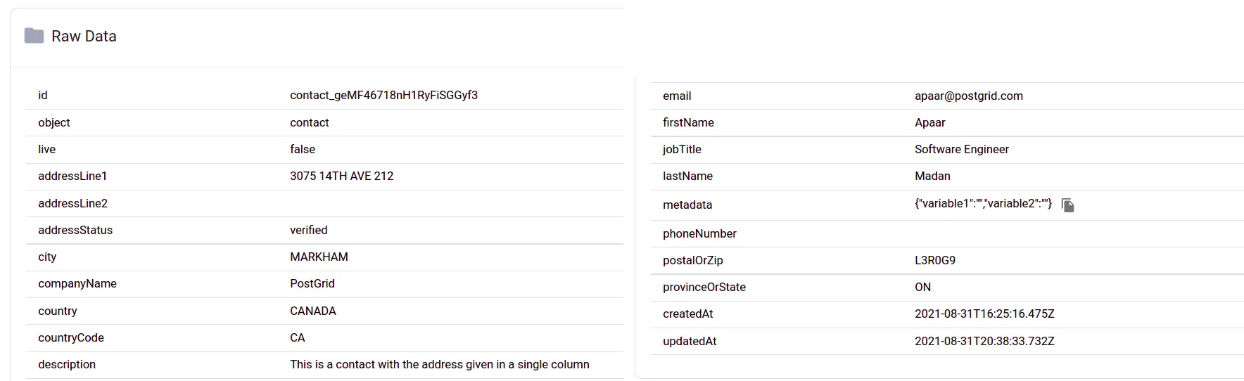 Raw data panel of a contact showing all available fields including nested metadata that can be referenced as merge variables in templates