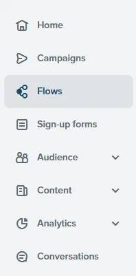 Klaviyo dashboard left sidebar with the Flows button highlighted