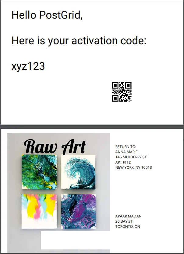 PDF preview of a rendered postcard with the activation code merge variable filled in from the mergeVariables request field