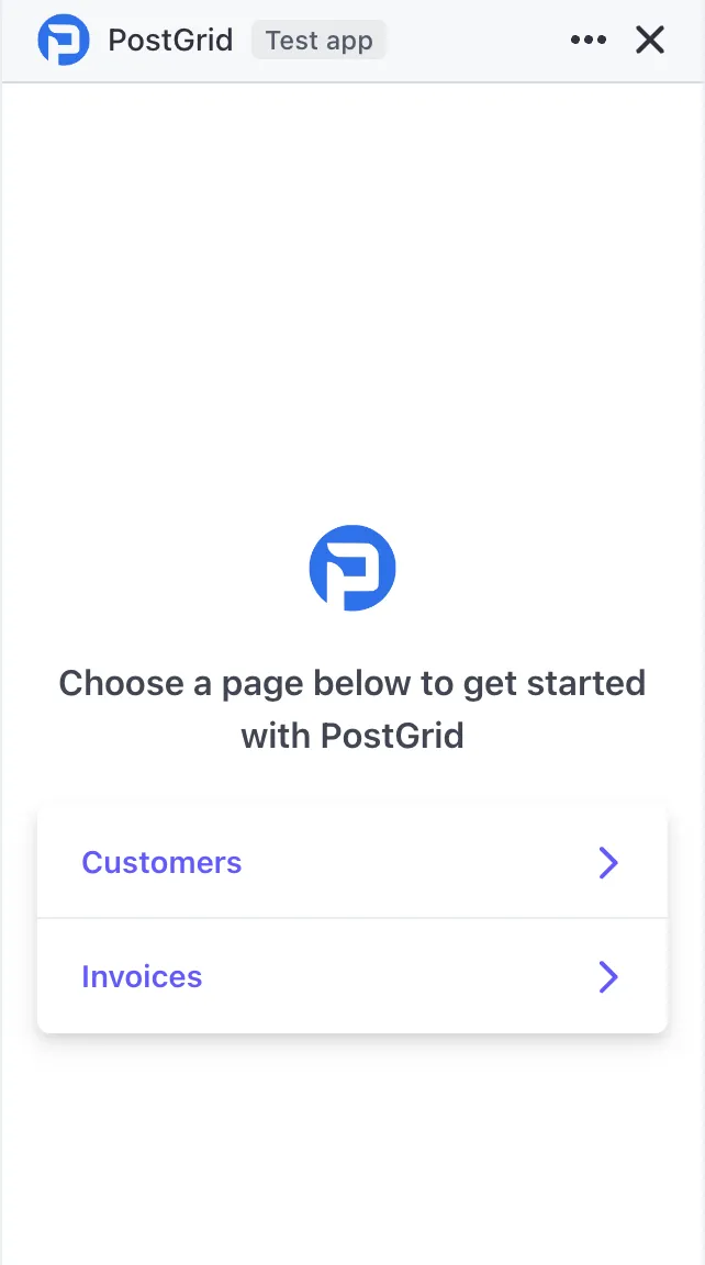 PostGrid app pop-up menu in Stripe showing Customers and Invoices navigation options after installation