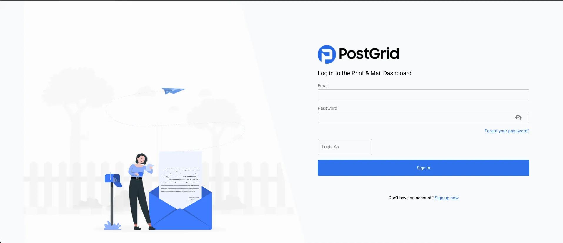PostGrid impersonation login page with fields for parent organization credentials and the sub-organization user email