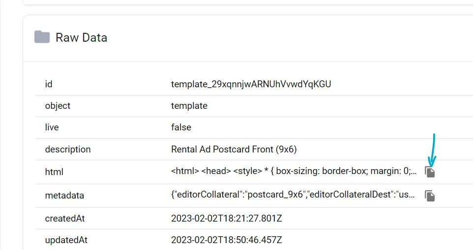 PostGrid template editor Raw Data section with copyable HTML for use in the Klaviyo webhook body
