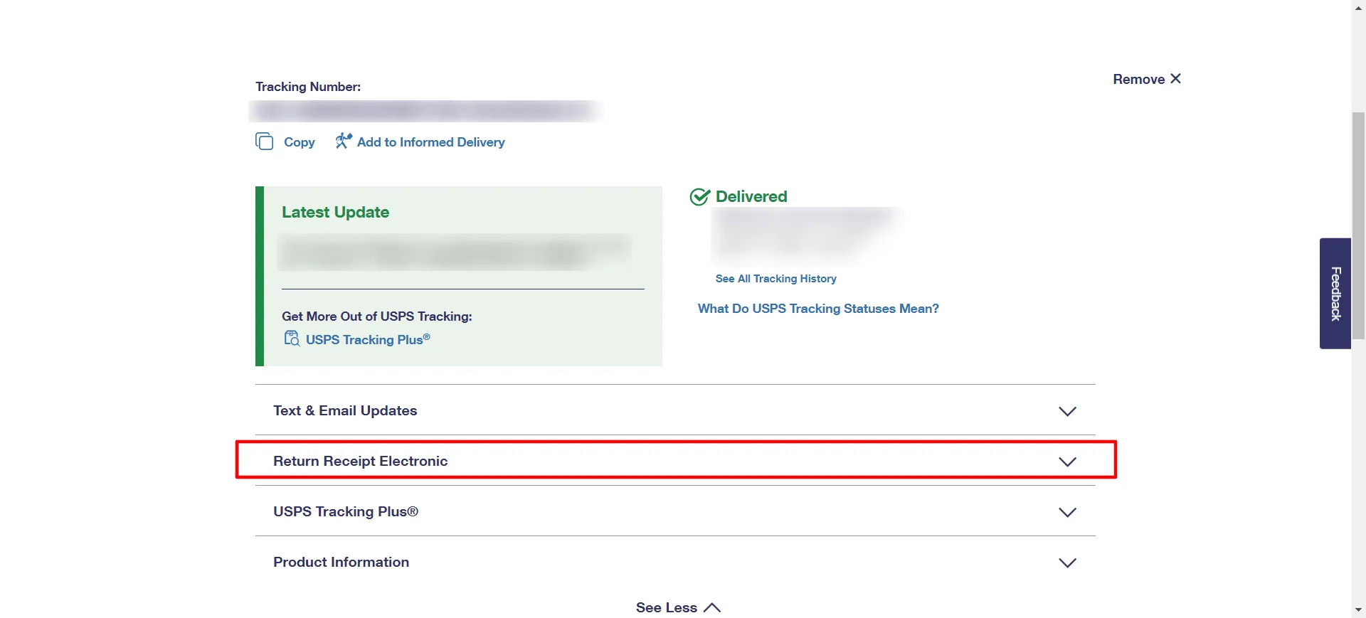 USPS tracking results page showing the Return Receipt Electronic option and form to request the electronic return receipt