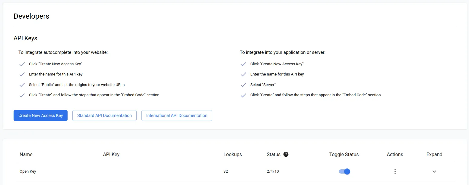 PostGrid dashboard Developers page listing API keys with options to create a new access key