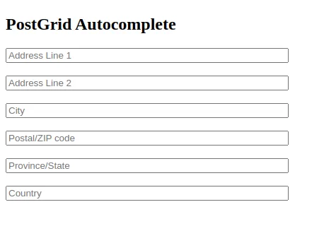 A simple HTML form with fields for Address Line 1, Address Line 2, City, Postal/ZIP code, Province/State, and Country