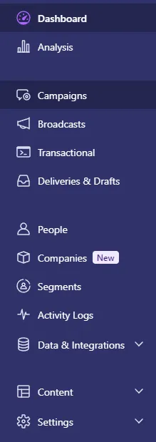Customer.io dashboard left sidebar with the Campaigns button highlighted