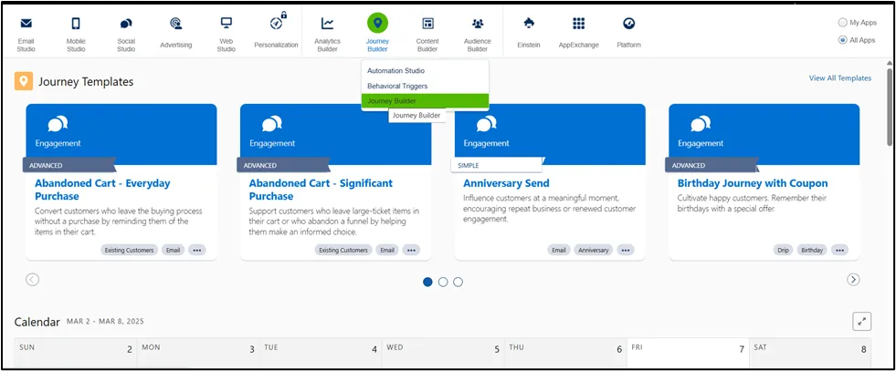 Salesforce Marketing Cloud platform navigation with Journey Builder highlighted