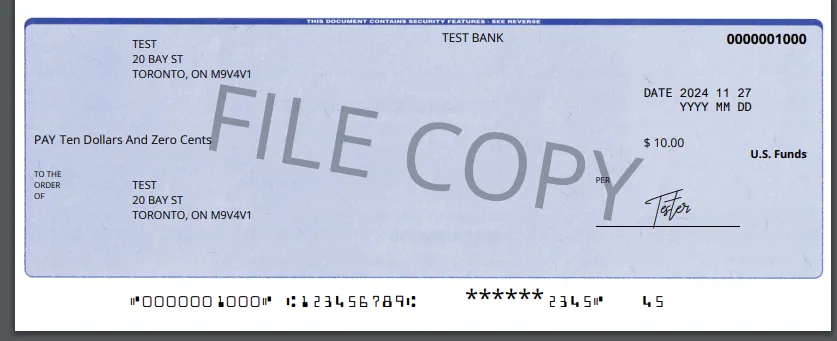 Preview PDF of a digital-only check with a watermark overlaid across the cheque, obscuring the full account number