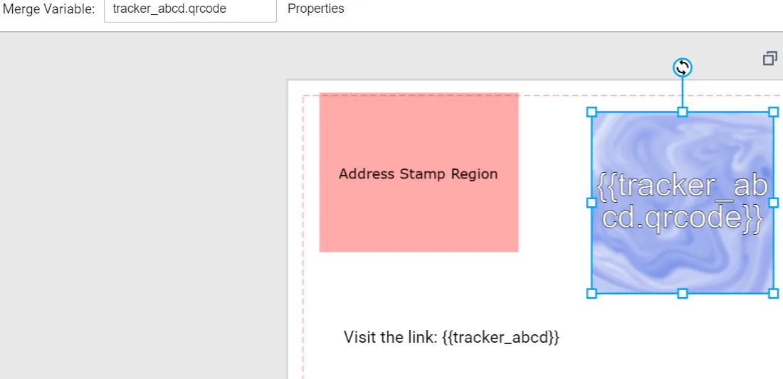 Dashboard template editor showing a QR code image tag and PURL merge variable inserted into an HTML template