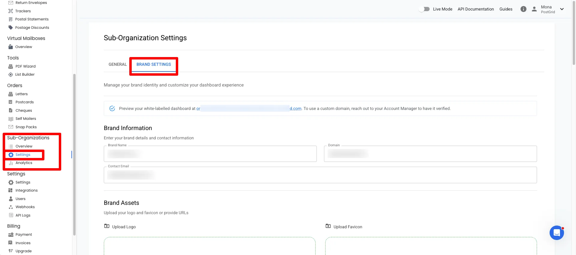 Sub-Organizations Settings page showing the Brand Settings tab with fields for brand name, domain, logo, and theme colors
