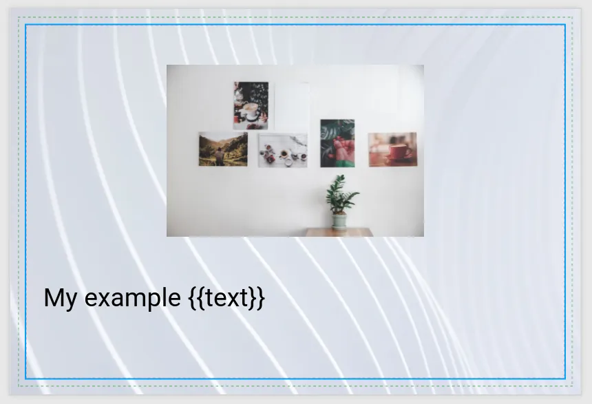 Postcard template in the editor with a placeholder background image, a placeholder photo, and a text merge variable