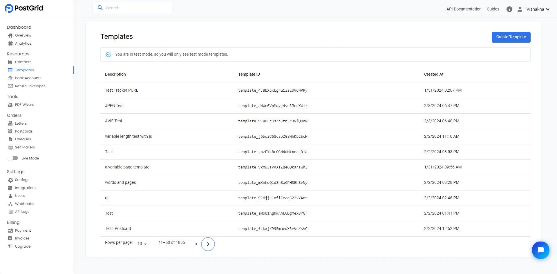 Templates page in the PostGrid dashboard showing existing templates and the Create Template button in the top-right corner