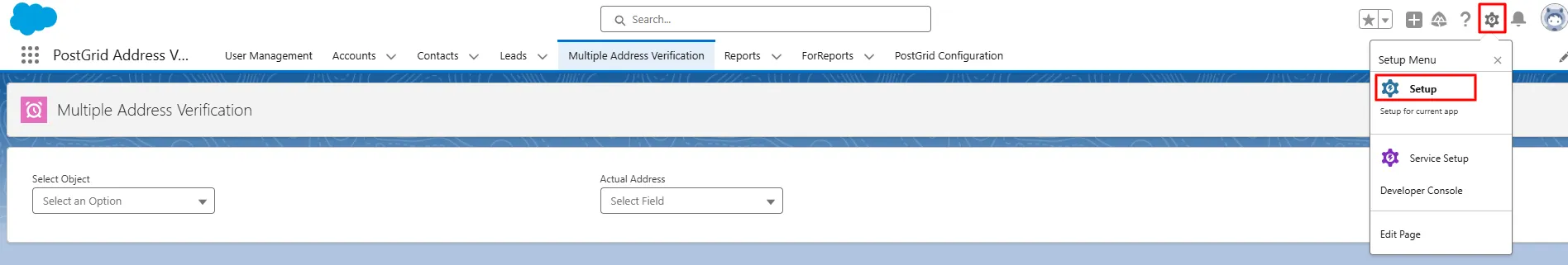 Salesforce main screen with the Setup gear icon highlighted in the top navigation bar