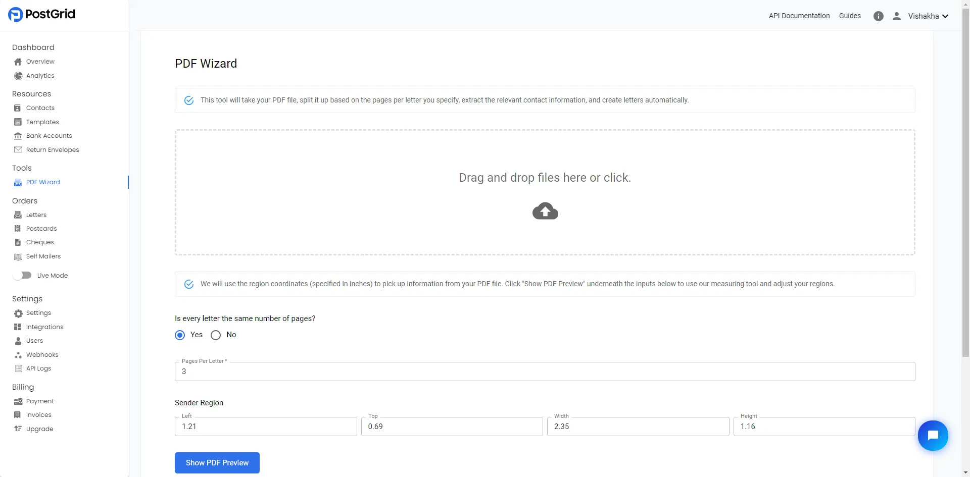 The PDF Wizard tool entry point in the PostGrid dashboard left-side navigation under Tools