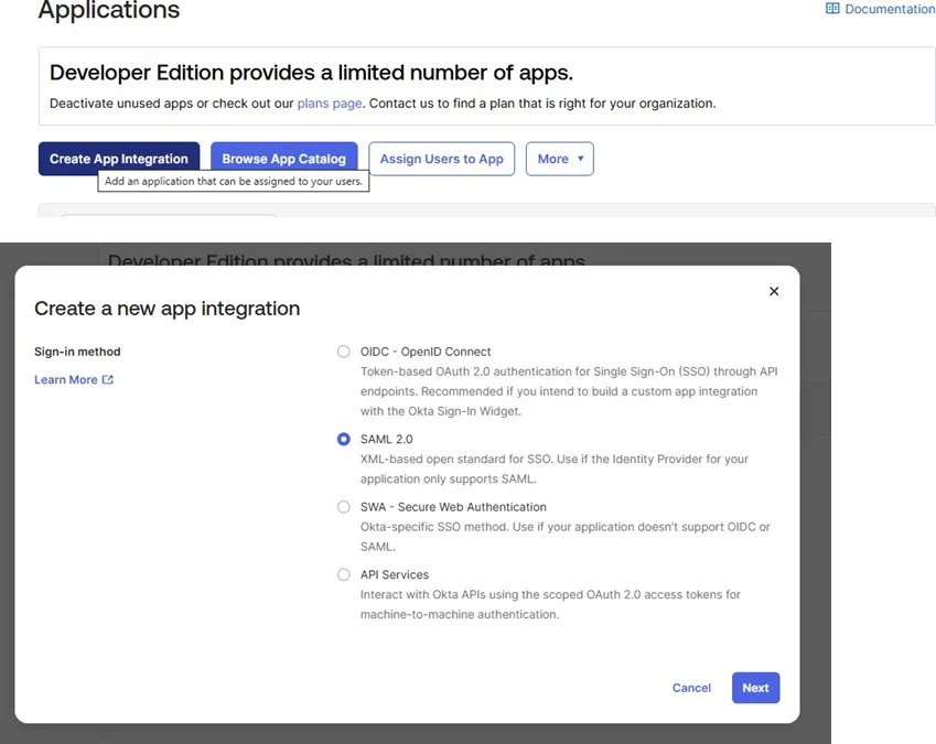 Okta Create App Integration dialog with SAML 2.0 selected as the sign-in method
