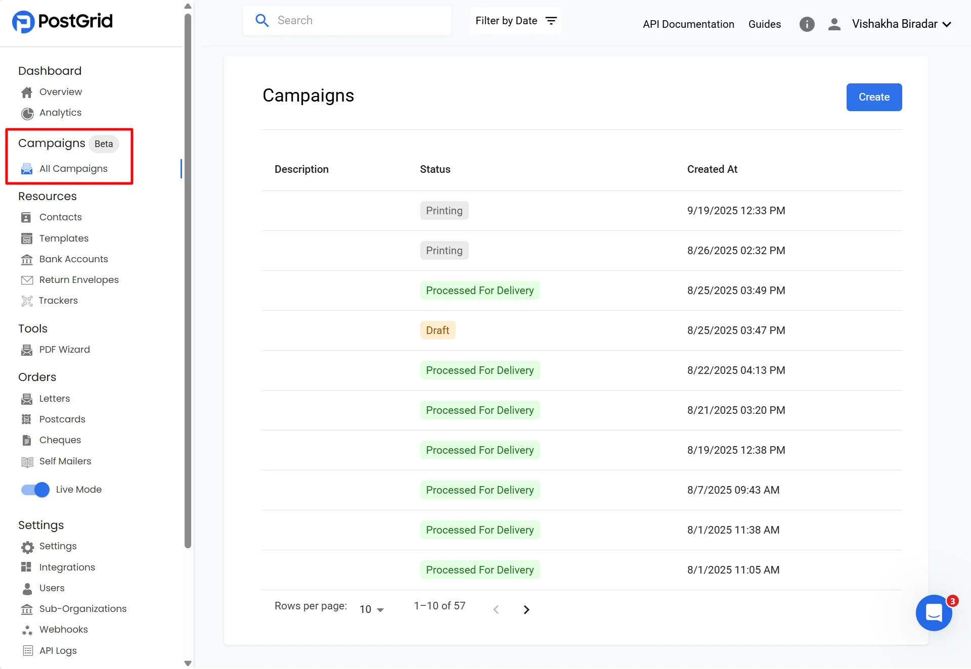 The Campaigns dashboard showing a list of campaigns with their statuses and a Create button