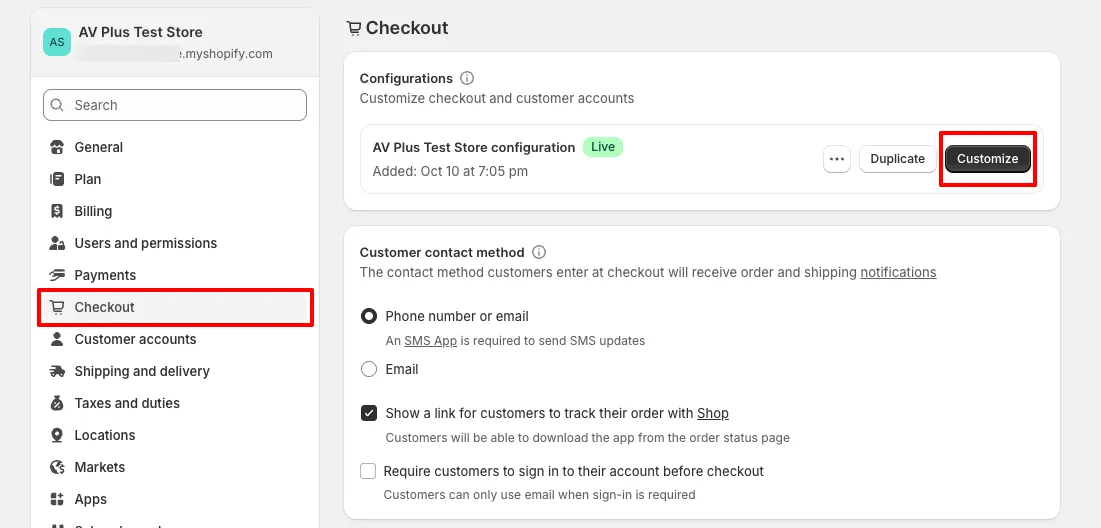 Shopify Admin Settings page with Checkout selected, showing the Configurations section and the Customize button