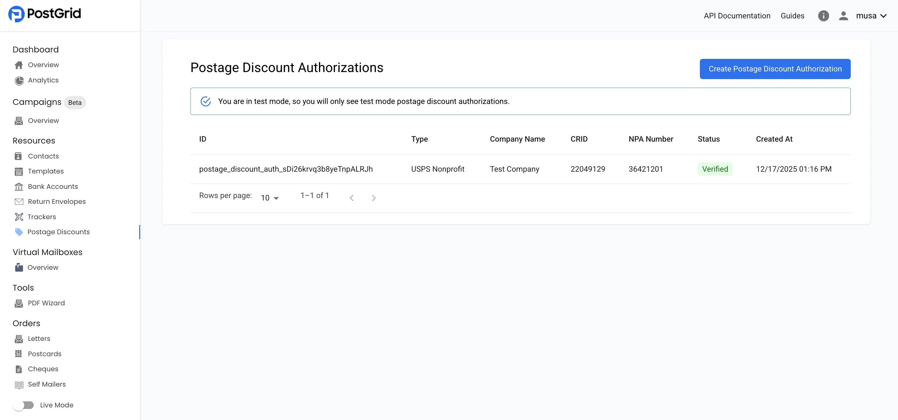 PostGrid dashboard Resources menu showing the Postage Discounts section with existing discount authorizations listed