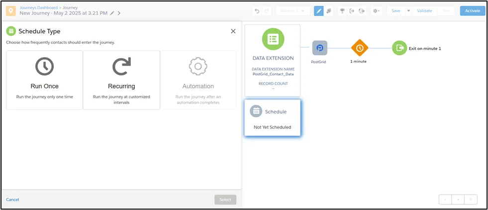 Salesforce Marketing Cloud Journey Builder with the Schedule button to schedule the journey
