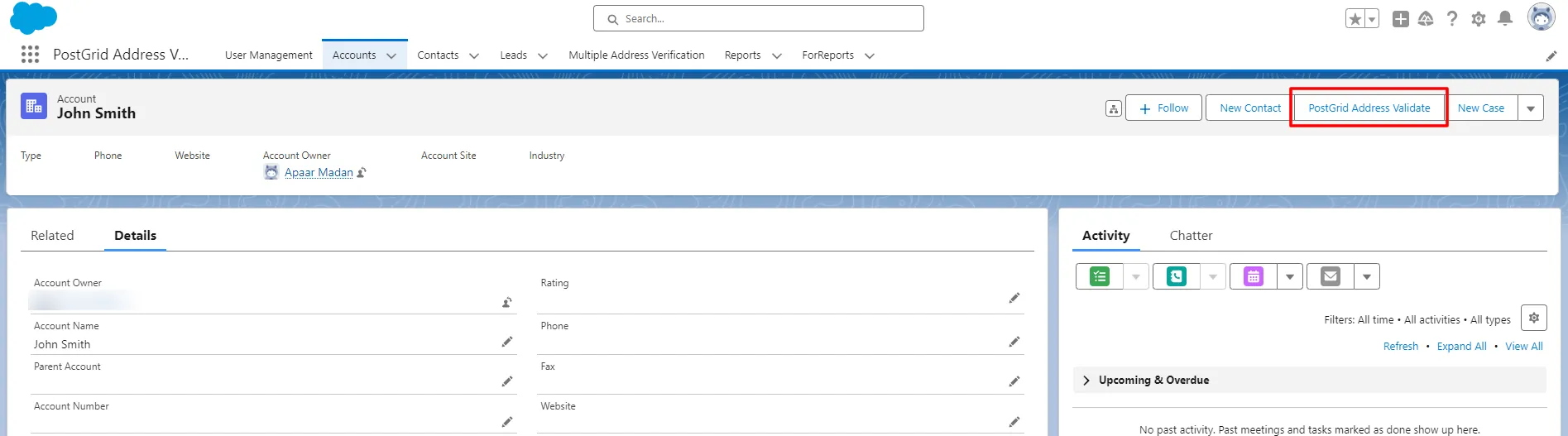 Salesforce Account record page with the PostGrid Address Validate button visible at the top of the page