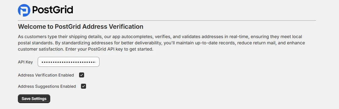 PostGrid Address Verification app setup screen in Shopify Admin with an API Key input field and feature toggles for Address Verification and Suggestions