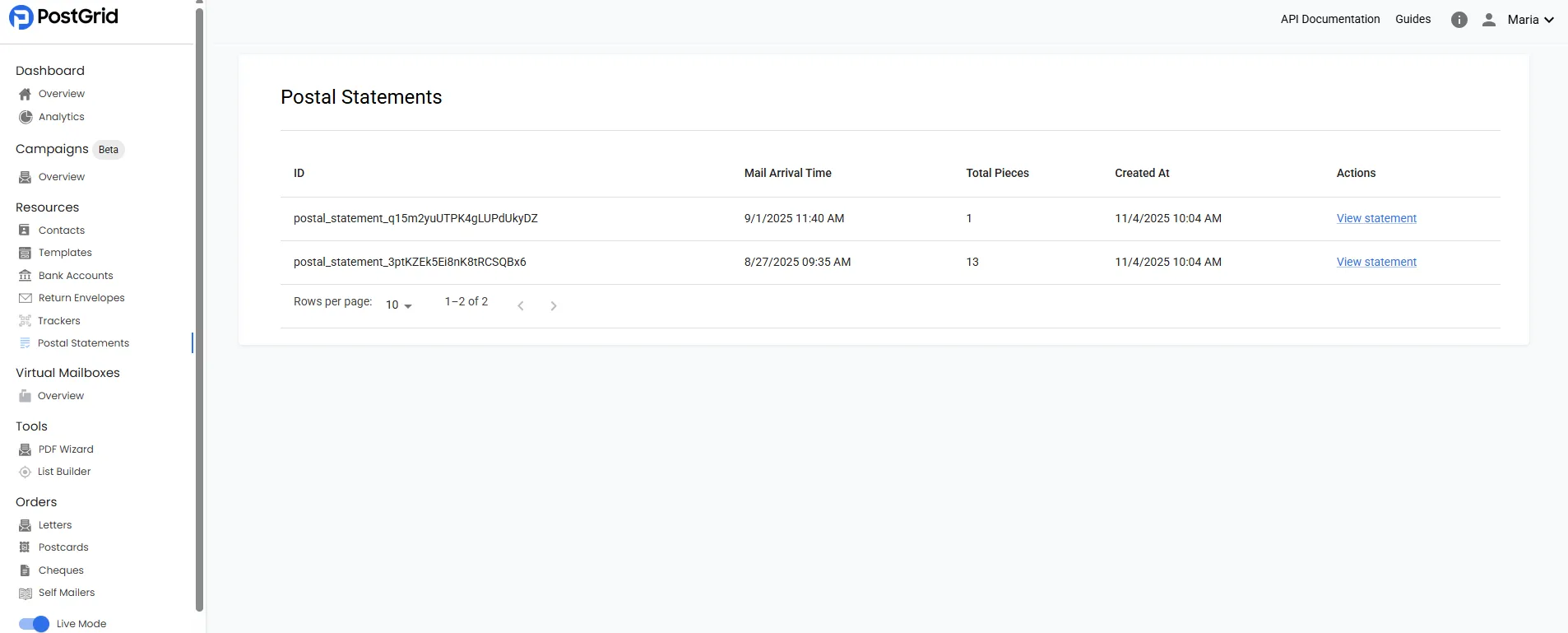 Postal Statements page showing a list of mailing statements with a View statement link in the Actions column