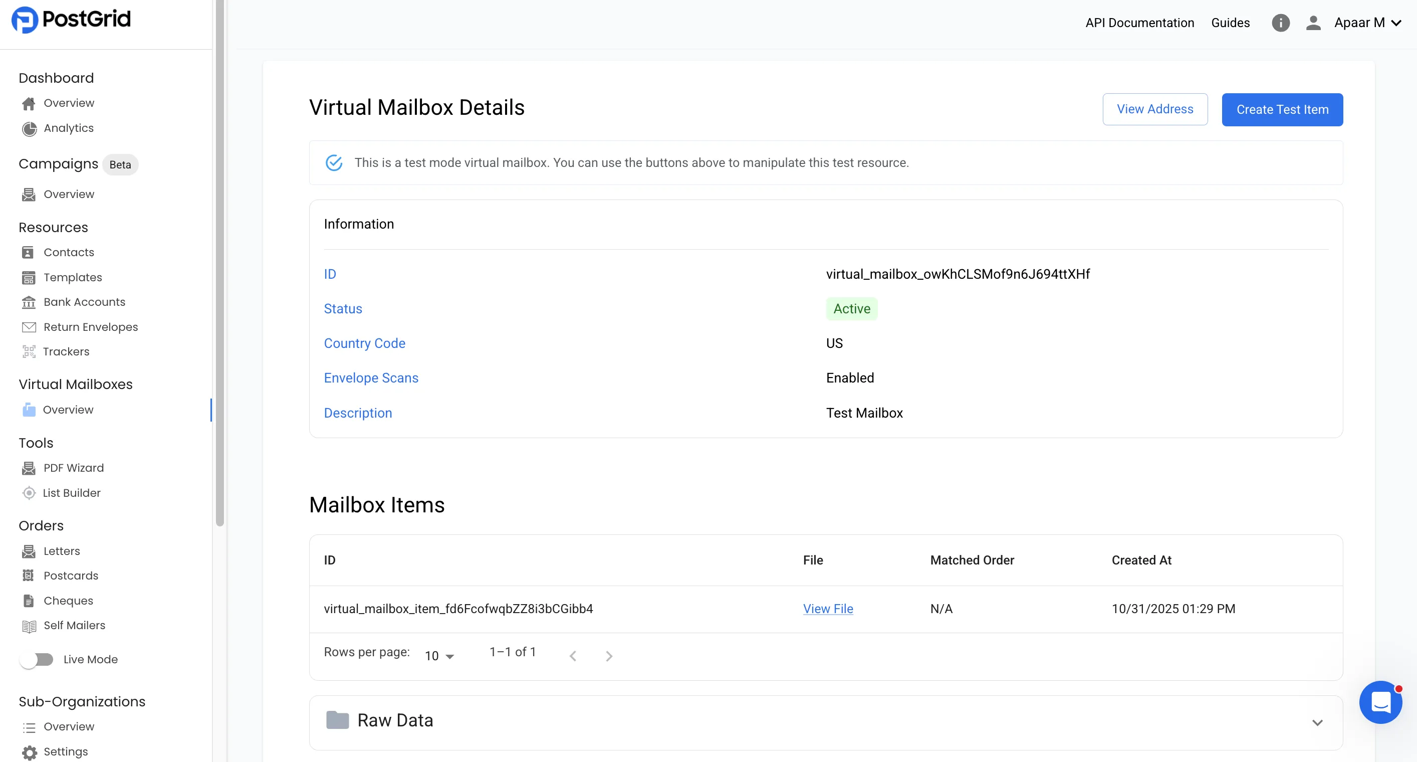 Virtual Mailboxes overview page showing a list of mailboxes with their statuses and a Create Virtual Mailbox button