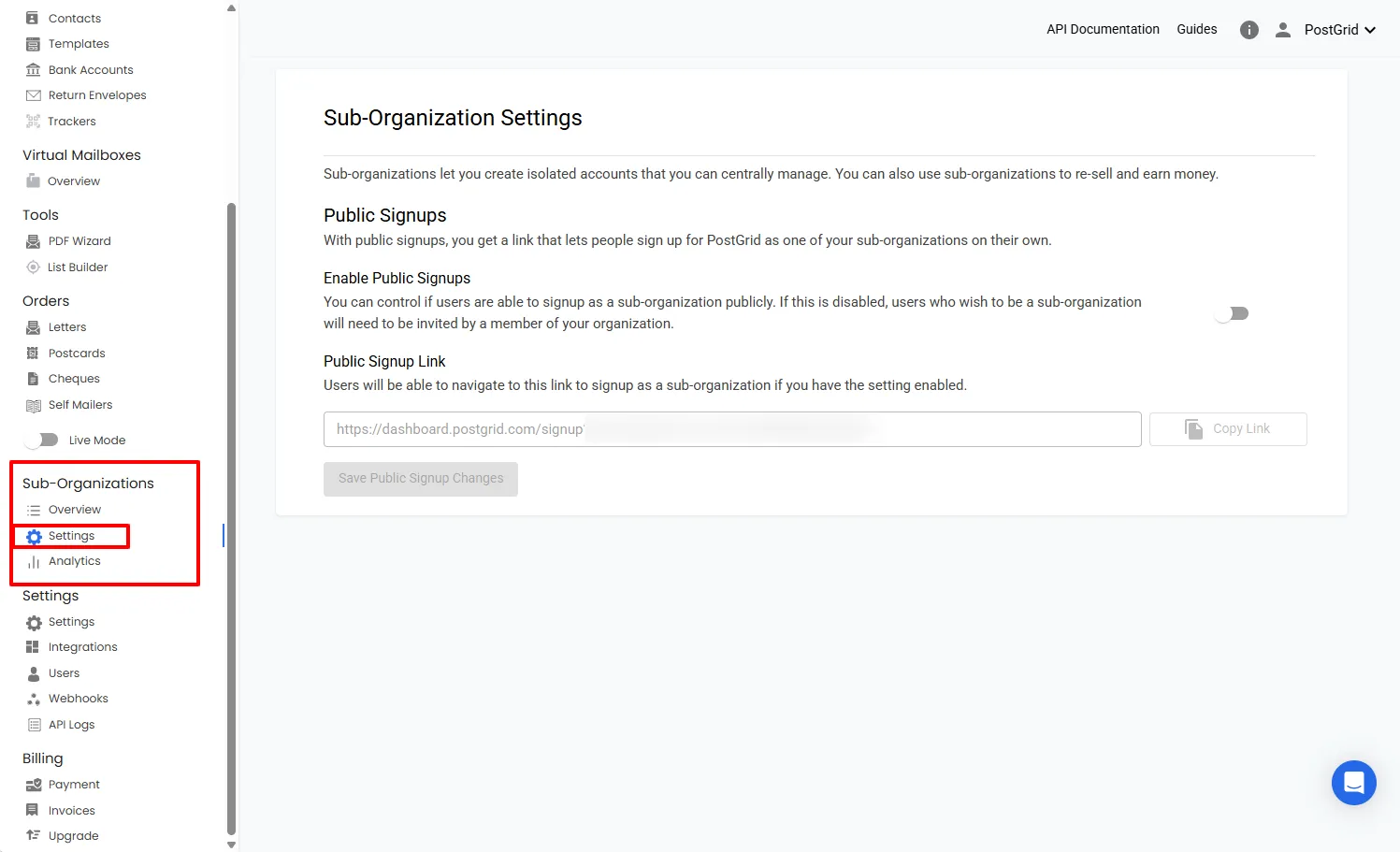 Sub-Organizations Settings page in the PostGrid dashboard showing the Public Signups configuration section