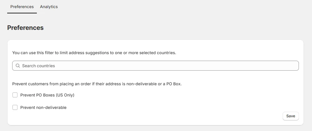 PostGrid app Preferences tab in Shopify showing Country Filter, Prevent PO Boxes, and Prevent Non-Deliverable settings