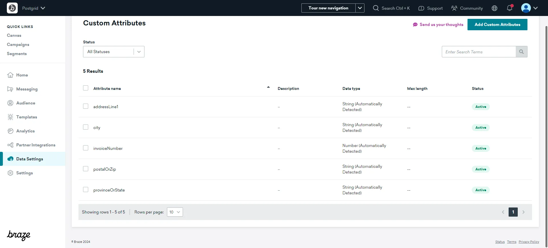 Braze Custom Attributes page listing user-defined mailing fields like addressLine1 and city