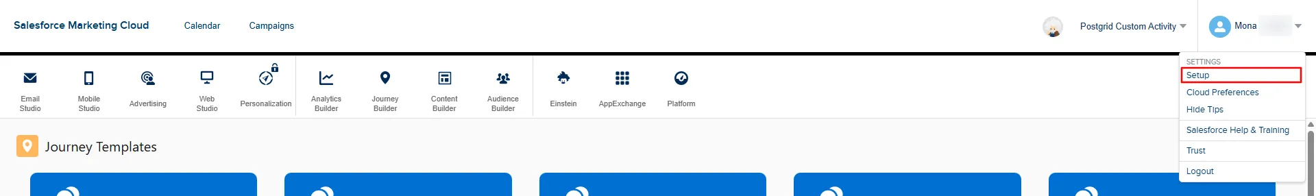 Salesforce Marketing Cloud header with the user account menu open showing the Setup option