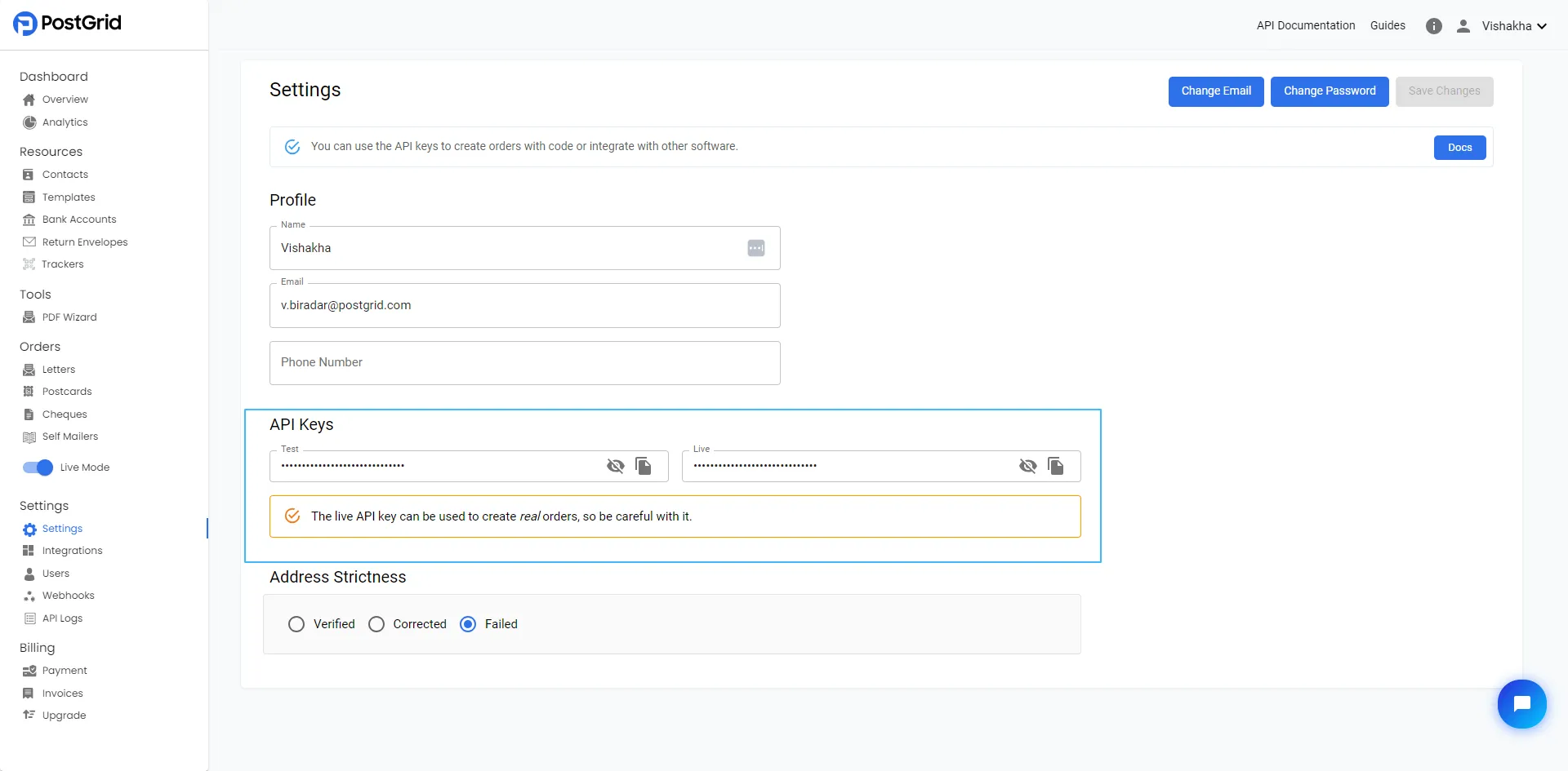 PostGrid dashboard Settings page showing the Test API Key and Live API Key for a user account