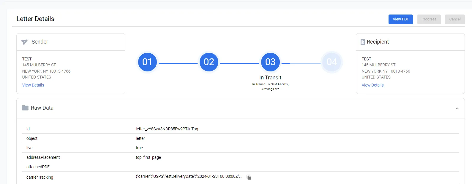Order details page showing the carrier tracking status as In Transit with the latest carrier message