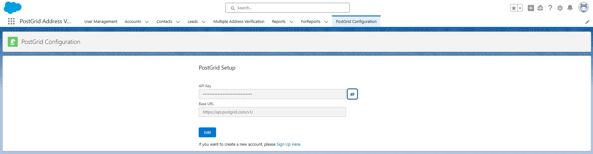 PostGrid app Configuration page in Salesforce showing the API Key and API Base URL input fields