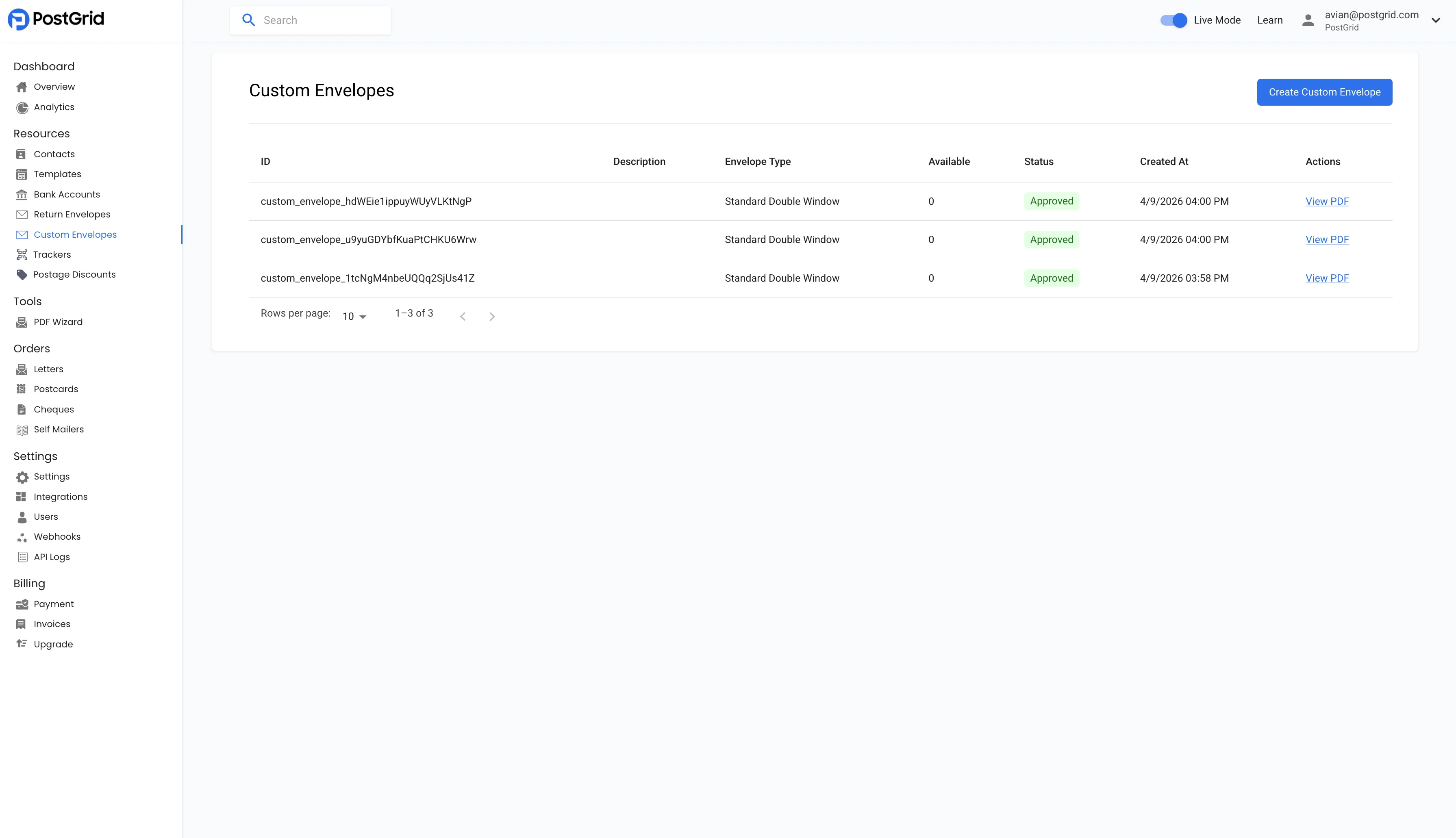 Custom Envelopes list in the PostGrid dashboard with the Create Custom Envelope button in the top right