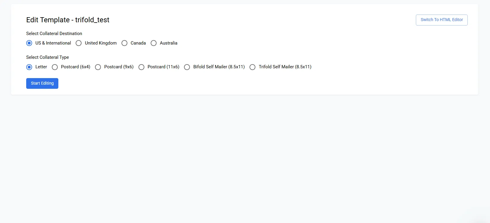 Self-mailer template editor showing separate outside (front) and inside (back) design panels