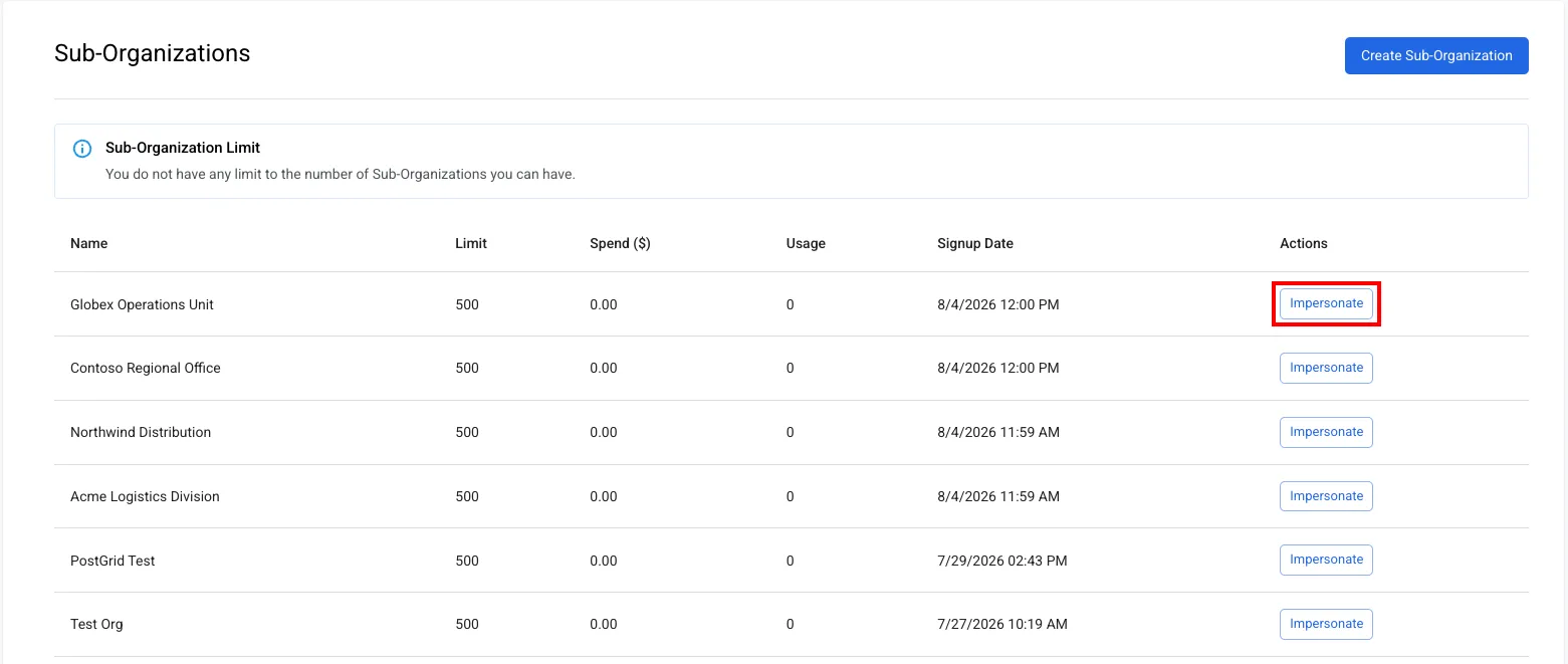 Sub-Organizations list in the PostGrid dashboard with an Impersonate button in the Actions column of each row