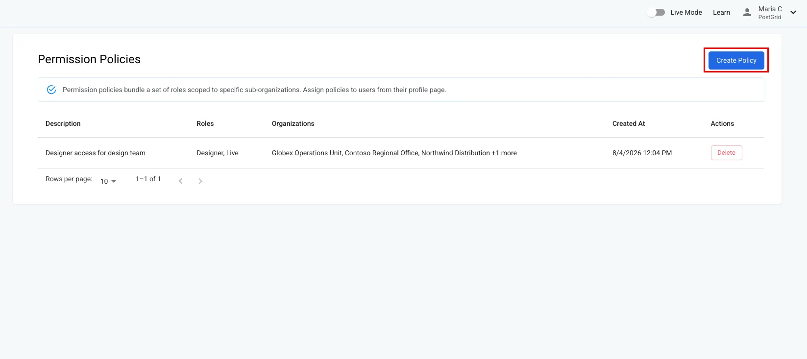 Permission Policies page in the PostGrid dashboard listing one policy, with the Create Policy button in the top right