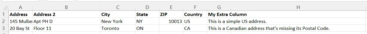 Sample CSV file with columns for Address, Address 2, City, State, Postal Code, and Country containing example address rows