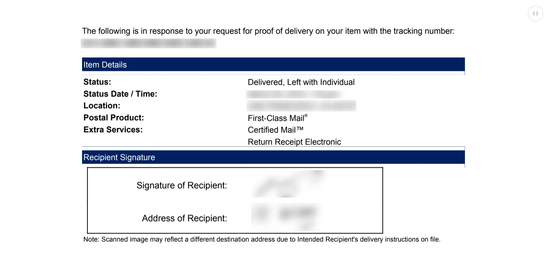 Example email from USPS containing the electronic signature file for a certified mail return receipt
