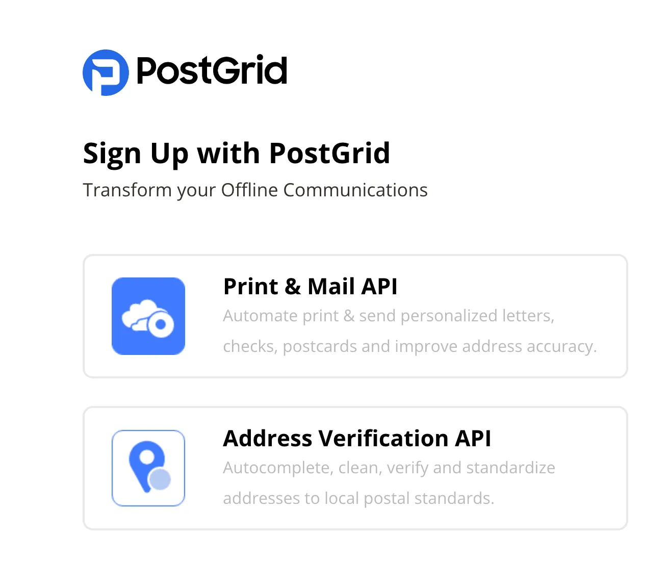 PostGrid's user signup page