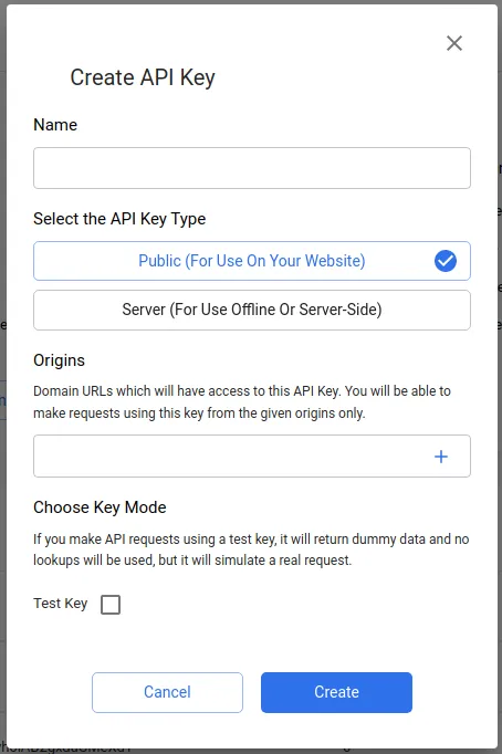 Create New Access Key dialog showing options for key type (public or server) and allowed origins