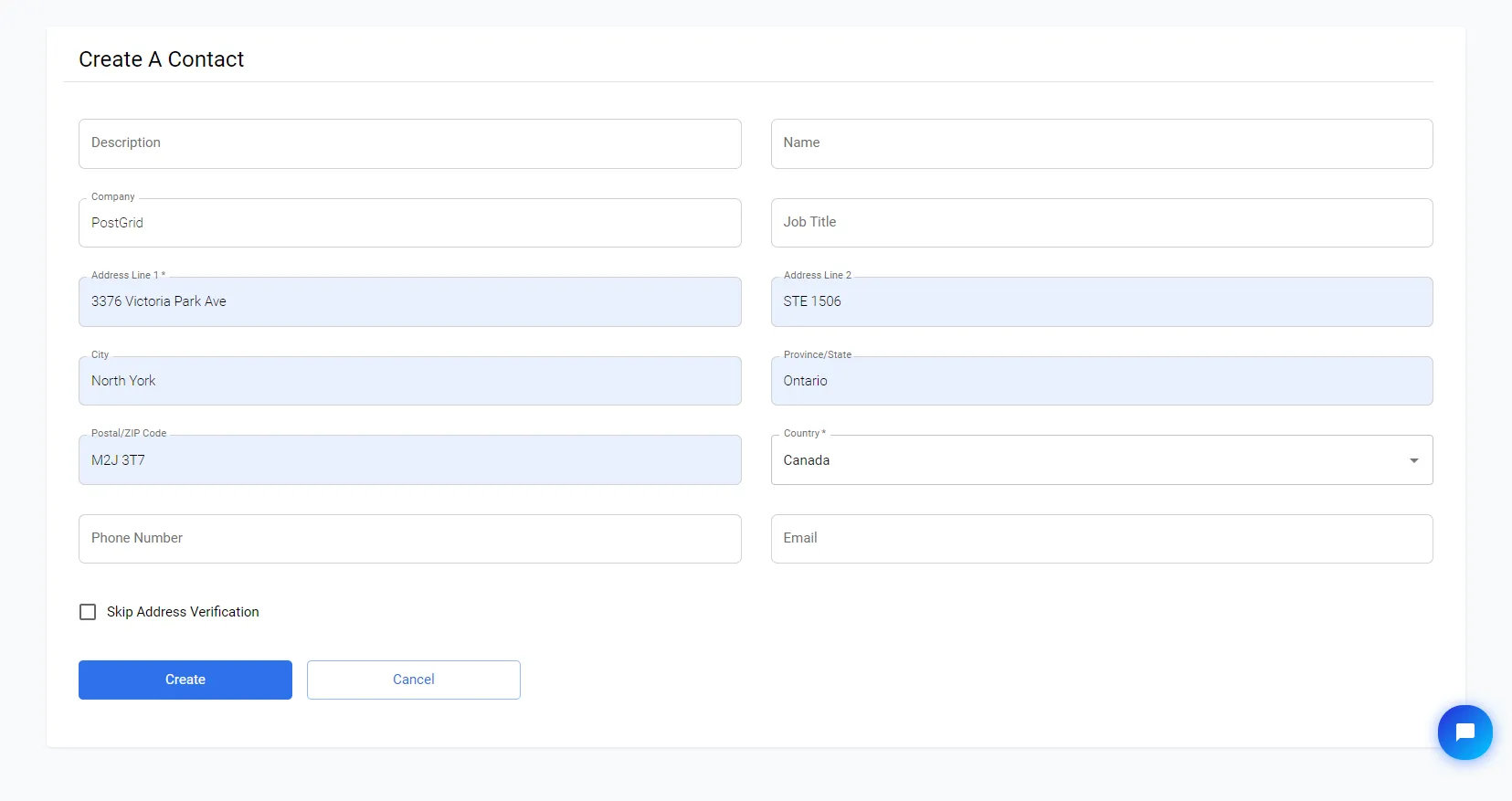 Create Contact form with fields for name, company, and address details