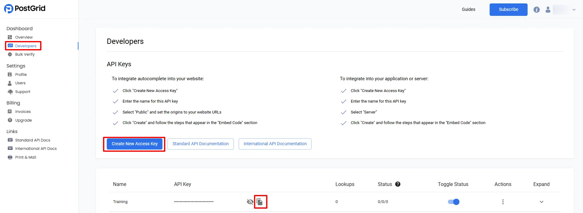 PostGrid app Configuration page with an API key pasted into the API Key field
