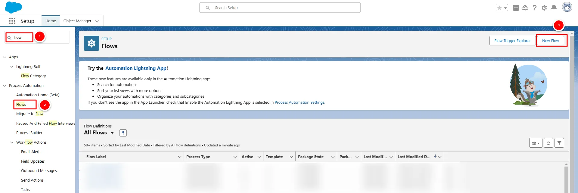 Salesforce Setup Quick Find bar with 'Flow' entered and Flows selected in the results