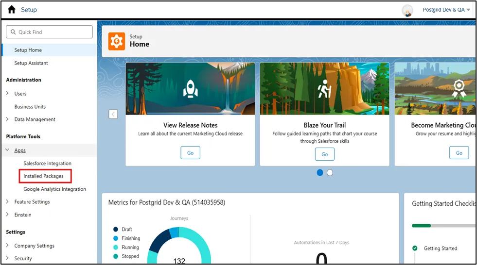 Salesforce Marketing Cloud Setup quick find box with Installed Packages search result
