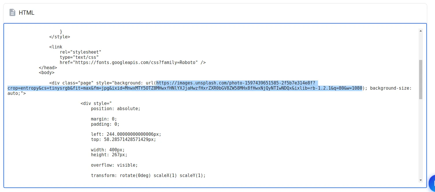 Generated HTML showing the background image URL inside a page element, ready to be replaced with a merge variable