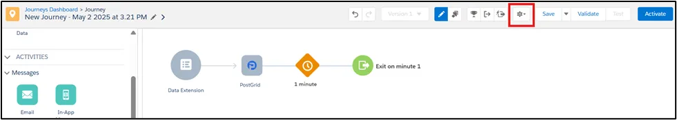 Salesforce Marketing Cloud Journey Settings panel opened via the Gear Icon