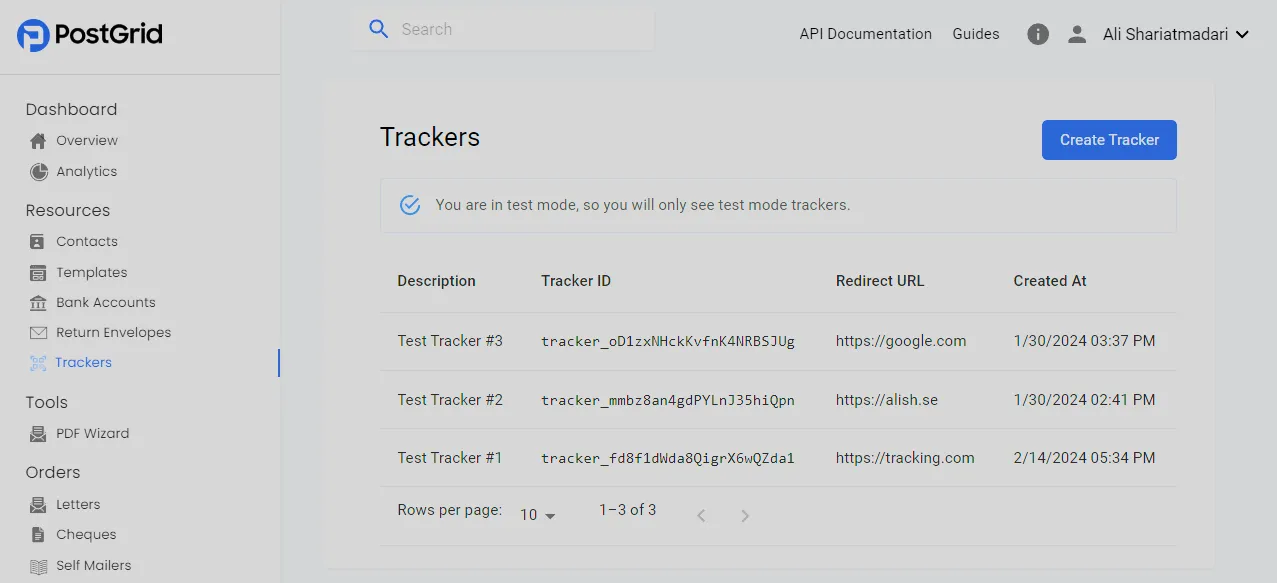 Trackers list page showing all created trackers with their IDs, redirect URLs, and other attributes