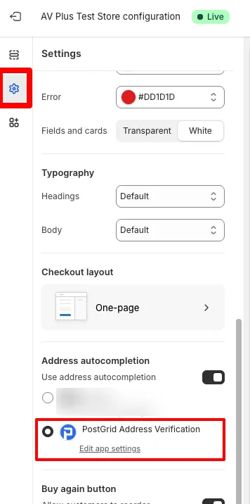 Shopify checkout customization sidebar showing the Settings panel with Address Autocompletion section and PostGrid Address Verification selected